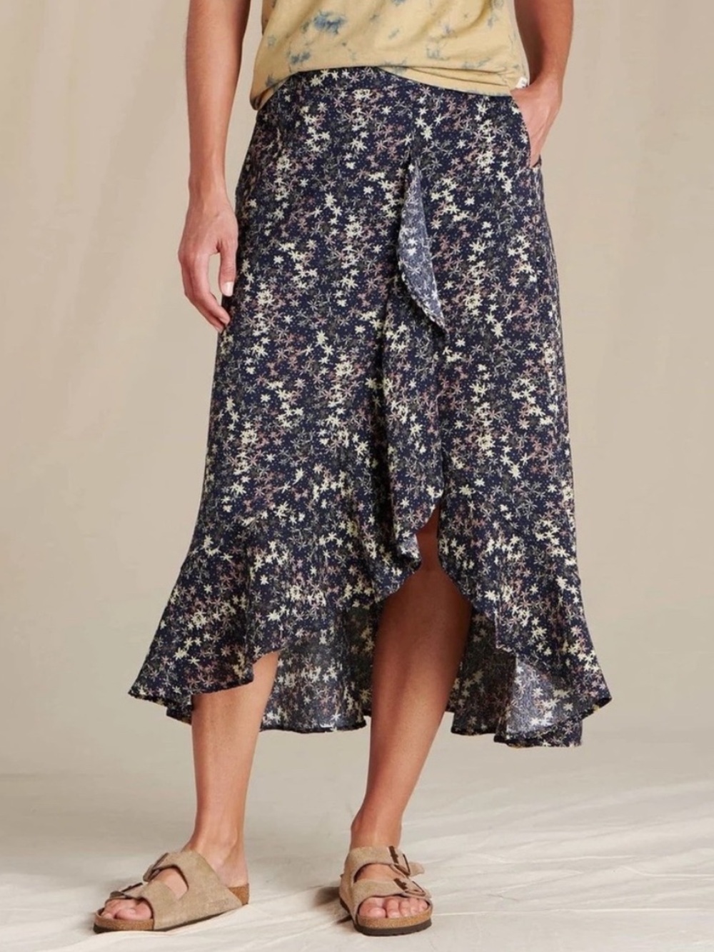 Toad & Co Manzana ruffle organic cotton maxi skirt navy yellow daisy ditzy print